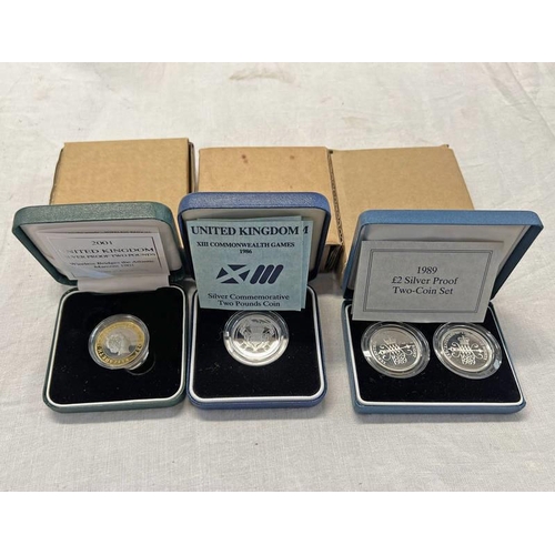 1347 - 3 UK SILVER PROOF £2 COINS COMPRISING 1986 COMMONWEALTH GAMES, 1989 BILL OF RIGHTS AND 2001 MARCONI ... 