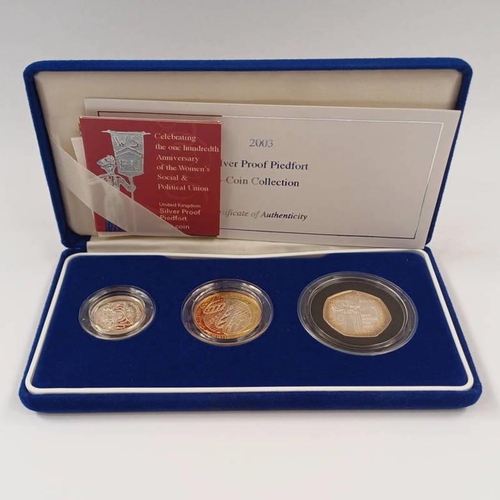 1364 - 2003 SILVER PROOF PIEDFORT 3 - COIN COLLECTION TO INCLUDE  DNA £2, £1 AND WOMEN'S SOCIAL & POLITICAL... 