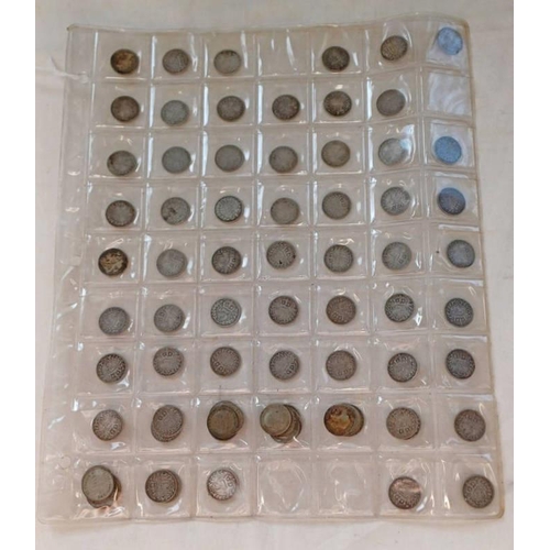 1374 - SELECTION OF SILVER 3 PENCES TO INCLUDE DATES SUCH AS 1900, 1896, 1885, 1859, ETC IN 1 SHEET -70-