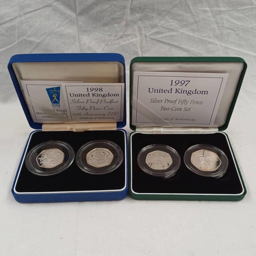 1380 - 1997 UK SILVER PROOF FIFTY PENCE TWO-COIN SET AND 1998 UK SILVER PROOF PIEDFORT 25TH ANNIVERSARY EEC... 