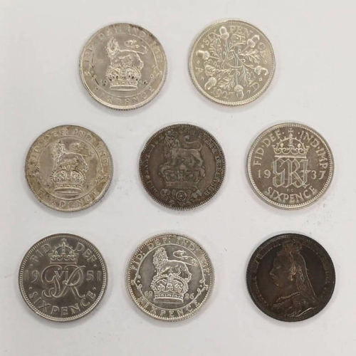 1382 - 8 X BRITISH SIX PENCES TO INCLUDE 1829 GEORGE IV, 1887 VICTORIA, 1911 & 1914 GEORGE V, AND 4 OTHER H... 