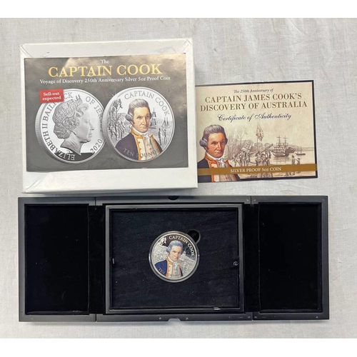 1386 - 5 OZ JERSEY £10  2020 FINE SILVER PROOF COMMEMORATIVE COIN COMMEMORATING CAPTAIN COOK WITH C.O.A. IN... 