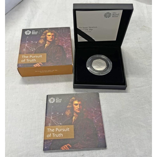 1389 - ROYAL MINT - SIR ISAAC NEWTON THE PURSUIT OF TRUTH 2017 SILVER PROOF 50P COIN IN CASE WITH C.O.A.