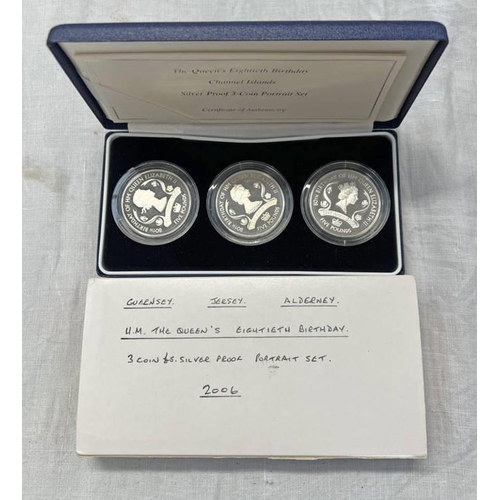 1395 - ROYAL MINT COMMEMORATIVE COINAGE CHANNEL ISLANDS SILVER PROOF 3 CROWN SET FOR THE 80TH BIRTHDAY OF E... 