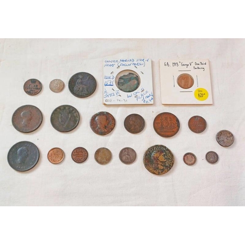 1411 - COINAGE TO INCLUDE A 1575 COUNTER, 1759 2 PENCE, 1902 ONE THIRD FARTHING, 1913 FARTHING, ETC