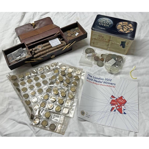 1431 - COINAGE TO INCLUDE SHEET OF BRASS 3D'S, 1946, 1949, ETC, LOW DENOMINATION BRONZE, ETC IN 1 BOX