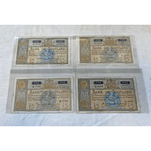 1443 - FOUR BANK OF SCOTLAND £5 BANK NOTES, EDINBURGH 1ST MAY 1951  14/1  4218,  21 NOVEMBER 1952 9/M  2155... 