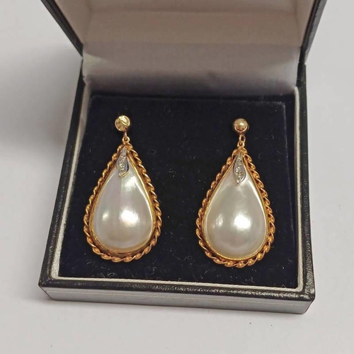 309 - PAIR OF 9CT GOLD PEAR SHAPED MABE STYLE PEARL & DIAMOND EARRINGS  - 3.5CM LONG