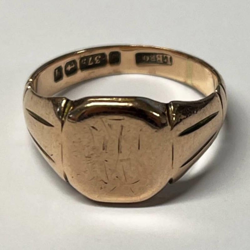 313 - 9CT GOLD SIGNET RING - 4.6G, RING SIZE N