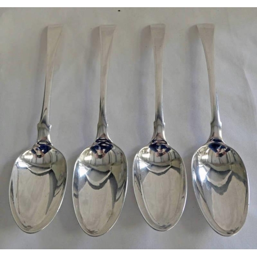 324 - SET OF 4 EARLY GEORGE III SILVER TABLE SPOONS LONDON 1763, MAKERS MARKS RUBBED - 280G