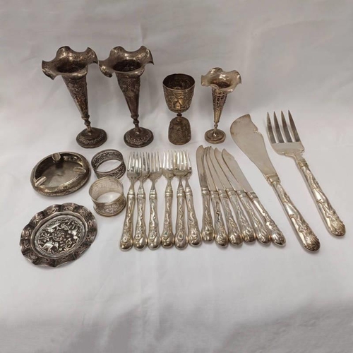 331 - FISH SET WITH DRAGON DECORATED HANDLES, WITH MARK TO BLADES & VARIOUS OTHER EASTERN METAL VASES, ETC