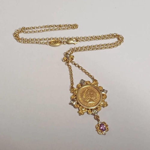 333 - 2002 HALF SOVEREIGN IN A DIAMOND SET MOUNT WITH AN AMETHYST SUSPENDED BELOW ON A GOLD CHAIN - 19.3G