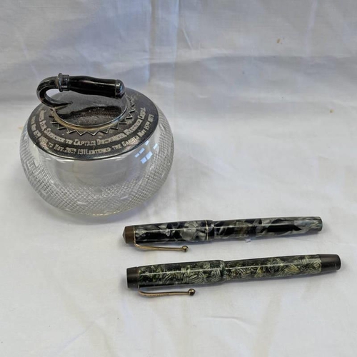 349 - SILVER & CUT GLASS CURLING STONE INKWELL RELATING TO MEGGINCH CASTLE, HALLMARKED BIRMINGHAM 1908, PA... 