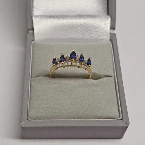 363 - 14K GOLD SAPPHIRE & DIAMOND 7-STONE RING - 2.4G, RING SIZE N