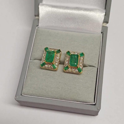 365 - PAIR 14CT GOLD EMERALD & DIAMOND CLUSTER EARRINGS, THE STEP CUT EMERALD SET WITHIN A SURROUND OF BRI... 