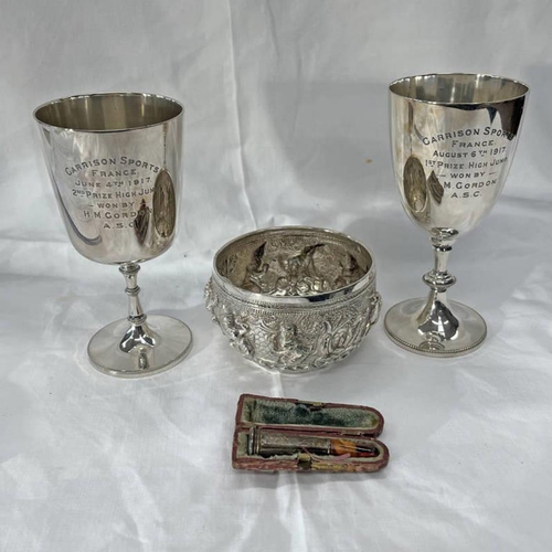 366 - INDIAN SILVER BOWL DECORATED WITH FIGURES & DEER5 - 6CM TALL, SILVER MOUNTED CIGARETTE HOLDER & PAIR... 