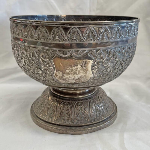 379 - 19TH CENTURY INDIAN SILVER PEDESTAL BOWL DECORATED WITH FLOWERS, UNMARKED - 23CM DIAMETER