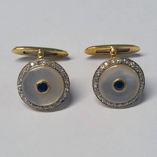 380 - PAIR OF 18CT GOLD SAPPHIRE, DIAMOND & MOTHER OF PEARL CUFFLINKS - 8.2G