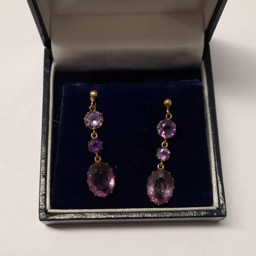 385 - PAIR OF 9CT GOLD AMETHYST EAR DROPS