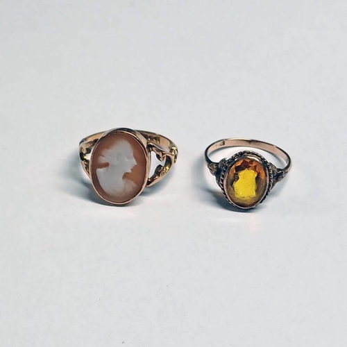 386 - 9CT GOLD CITRINE SET RING & 9CT GOLD CAMEO RING - 4.8G, RING SIZE L & O