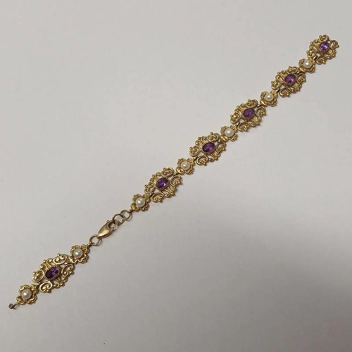 395 - 9K GOLD PEARL & AMETHYST SET BRACELET - 19CM LONG, 12.3G - AS FOUND