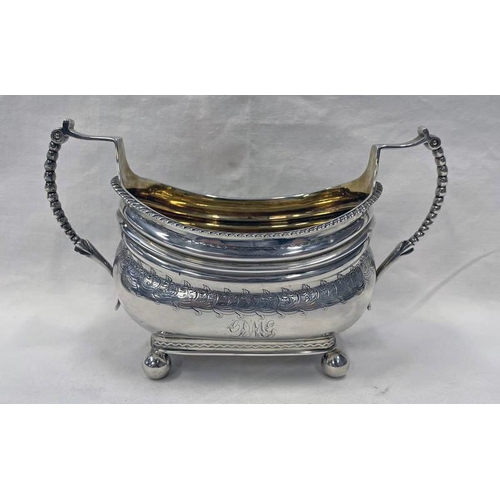 421 - GEORGE III SILVER 2-HANDLED SUGAR BOWL WITH GILDED INTERIOR ON 4 BALL FEET BY WILLIAM BATEMAN, LONDO... 