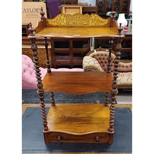 5431 - 19TH CENTURY INLAID WALNUT 3 TIER WHAT-NOT WITH 3/4 GALLERY & SINGLE DRAWER, 95CM TALL