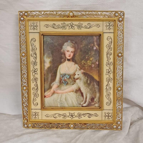 569 - FRAMED MINIATURE AFTER GAINSBOROUGH IN GILDED BRASS FRAME. OVERALL SIZE 13.5 X 11.5 CMS