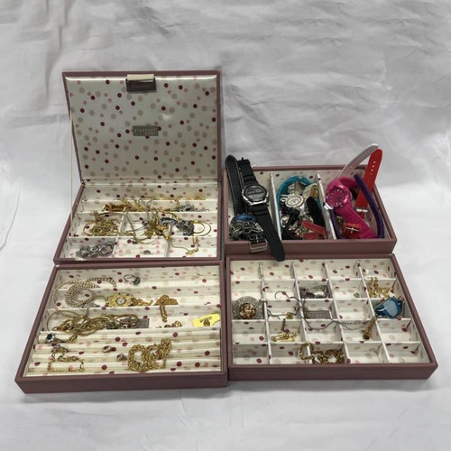 570 - 4 PART STACKERS JEWELLERY BOX WITH LARGE SELECTION WATCHES BY MARK MUDDOX, SEKONDA, ETC AND A LARGE ... 