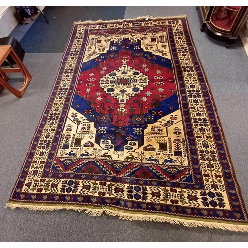 1366 - RED & BLUE GROUND TURKISH CARPET WITH ALL OVER DESIGN, 195CM X 290CM