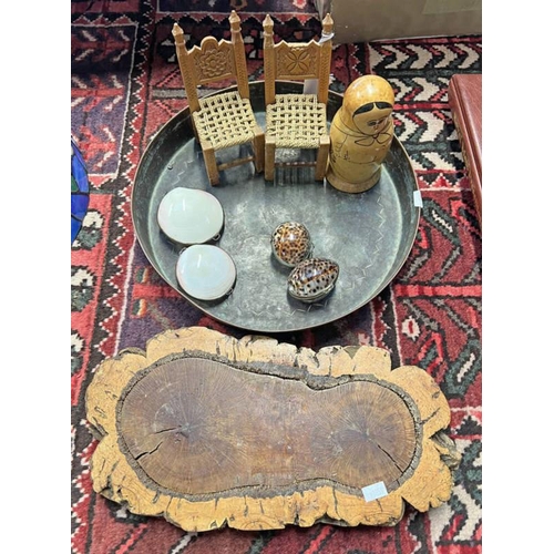 1367 - COPPER GONG, RUSSIAN NESTING DOLL, CARVED WOODEN DOLLS CHAIRS, STUMP CROSS SECTION AND 4 SEA SHELLS