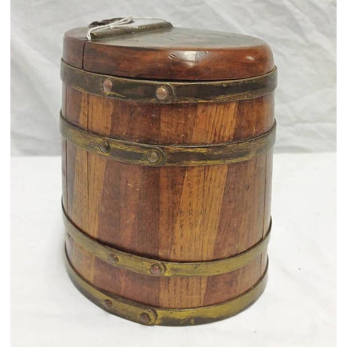 1379 - 19TH CENTURY BRASS BOUND OAK TOBACCO JAR WITH BRASS MASONIC INLAY TO LID, 17.5CM TALL