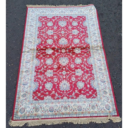 1381 - RED GROUND FULL PILE CASHMERE RUG WITH FLORAL ZIEGLER DESIGN 172 X 116CM