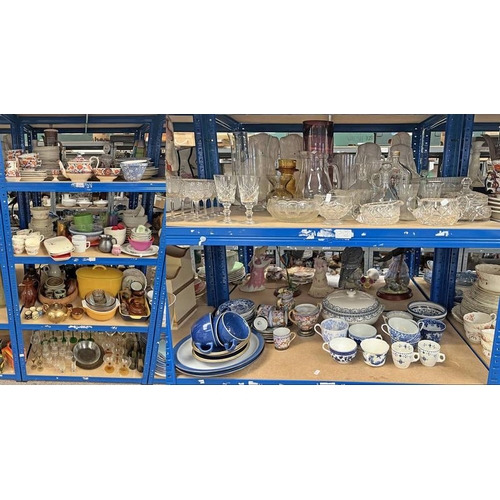 3170 - 19TH CENTURY DINNER & TEA WARE, GLASSWARE, TEASETS BLUE & WHITE WARE ETC OVER 6 SHELVES