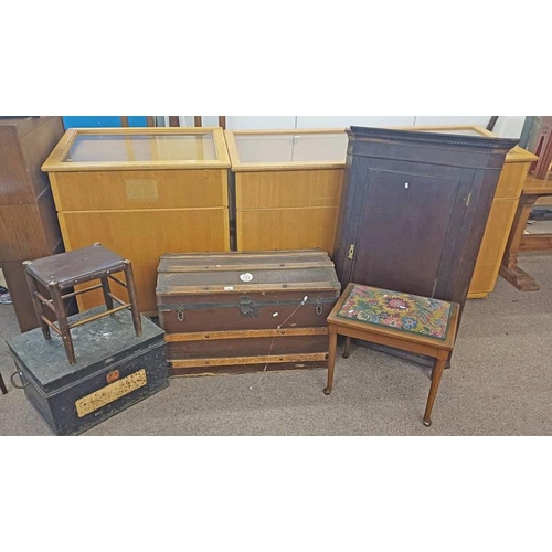 352 - 19TH CENTURY OAK CORNER CABINET, WOOD BOUND DOMED TOP TRUNK ETC.