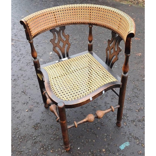 358 - 20TH CENTURY BEECH FRAMED BERGERE CORNER CHAIR ON TURNED SUPPORTS