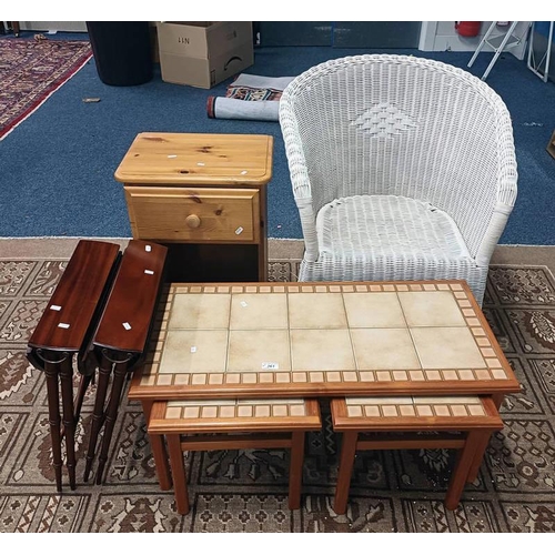 361 - PINE BEDSIDE TABLE WITH SINGLE DRAWER, TEAK NEST OF TABLES, WITH TILE INSET TOP, ETC.