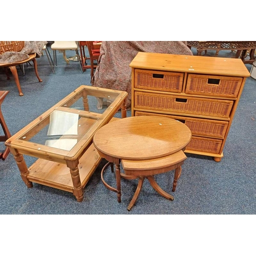 363 - OVAL TOPPED MAHOGANY NEST OF 2 TABLES, PINE COFFEE TABLE WITH GLASS INSET TOP, ETC