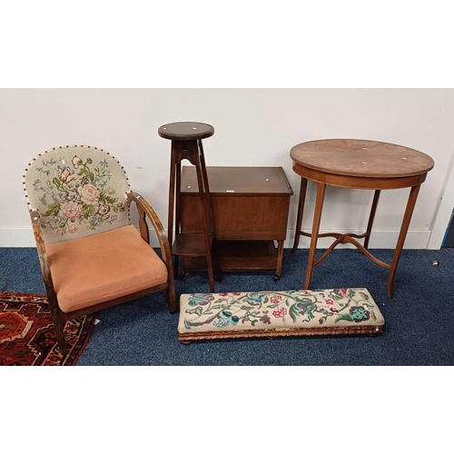 367 - INLAID MAHOGANY OVAL TABLE, MAHOGANY FOOTSTOOL WITH FLORAL TAPESTRY TOP, SEWING BOX, ETC