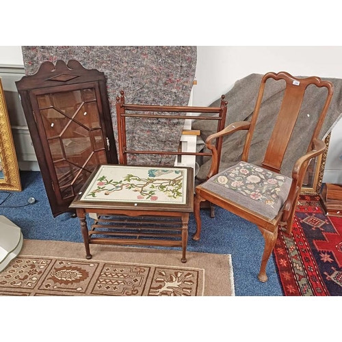 370 - EARLY 20TH CENTURY MAHOGANY OPEN ARMCHAIR, MAHOGANY TOWEL RAIL, ETC