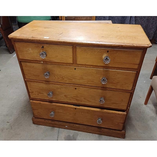 4 - 19TH CENTURY PINE CHEST OF 2 SHORT OVER 3 LONG DRAWERS WITH CUT GLASS KNOBS.  110 CM WIDE