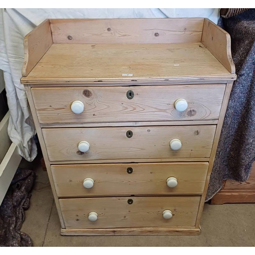 7 - 19TH CENTURY PINE CHEST WITH 3/4 GALLERY TOP & 4 DRAWERS WITH PORCELAIN KNOBS ON PLINTH BASE.  105 C... 