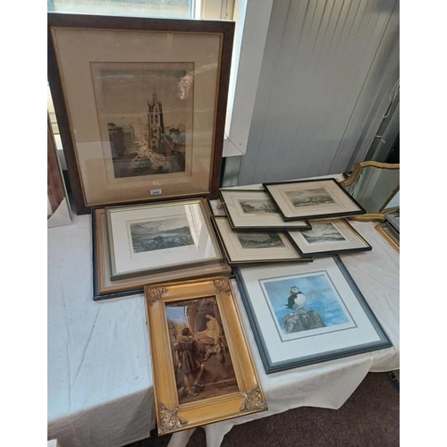 1020 - FRAMED COLOUR ENGRAVING OF A ENGLISH STREET SCENE, SIGNED IN PENCIL, INDISTINCTLY AND VARIOUS OTHER ... 