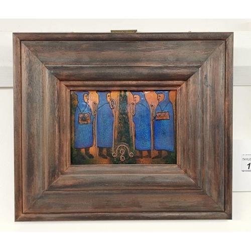 1040 - JOYCE KELLY ''PICTISH CLERICS'' LABEL TO REVERSE FRAMED ENAMEL ON COPPER 9CM X 12.5 CM
