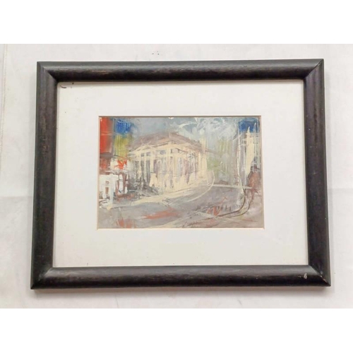1043 - ANGELA HUGHES PICCADILLY CIRCUS LABEL TO REVERSE FRAMED WATERCOLOUR 13CM X 19CM