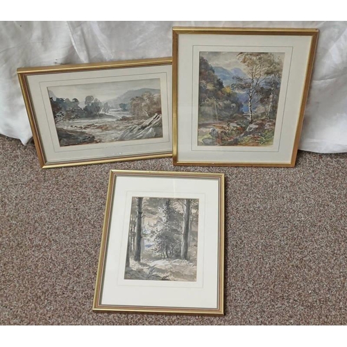 1057 - 3 19TH CENTURY ENGLISH SCHOOL WATERCOLOURS; ON THE TUMMEL, FROM KILLIECRANKIE BRIDGE AND ONE OTHER, ... 