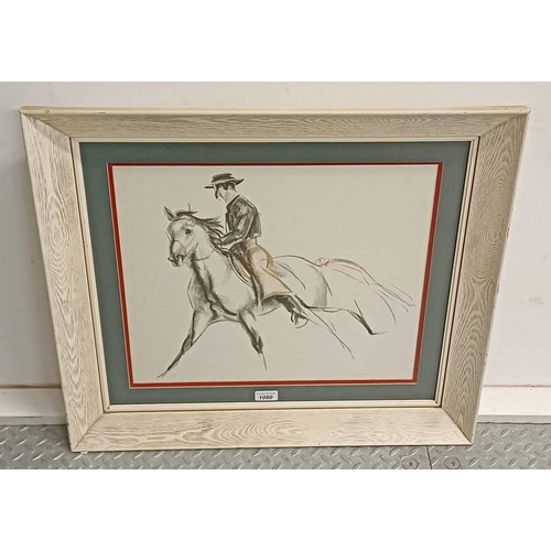 1080 - FRAMED PICTURE OF A FIGURE RIDING A HORSE, SIGNED IN PENCIL JOHN SKEAPING, 39 CM X 46 CM