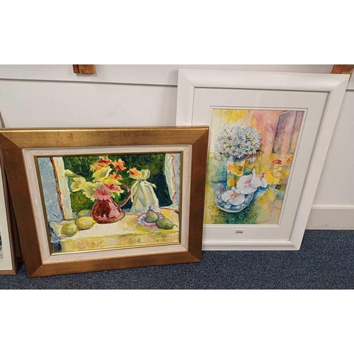 1080N - SANDRA PRATT, DAISIES, ORCHIDS AND PEARS, SIGNED WITH LABEL TO REVERSE, FRAMED WATERCOLOUR, 52CM X 3... 