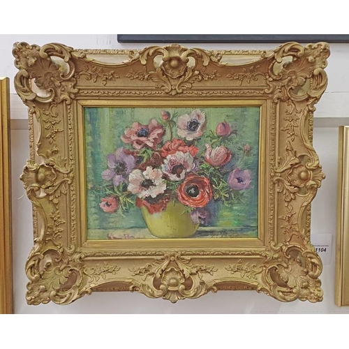 1104 - GILT FRAMED OIL ON CANVAS OF STILL LIFE OF FLOWERS IN A VASE, DISTINCTLY SIGNED CAROLINE MILLER TO B... 