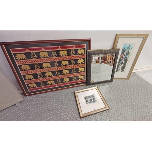 1116 - NEEDLEWORK DEPICTING ELEPHANTS, S.F. HOWELLS HANDBAG AND GLADRAGS, FRAMED PRINT, SIGNED IN PENCIL, E... 